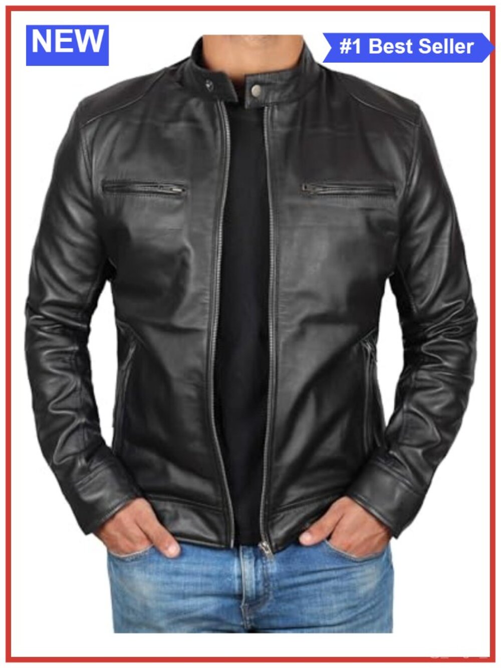 Real Lambskin Leather Jacket Cafe Racer Motorcycle Style Mens